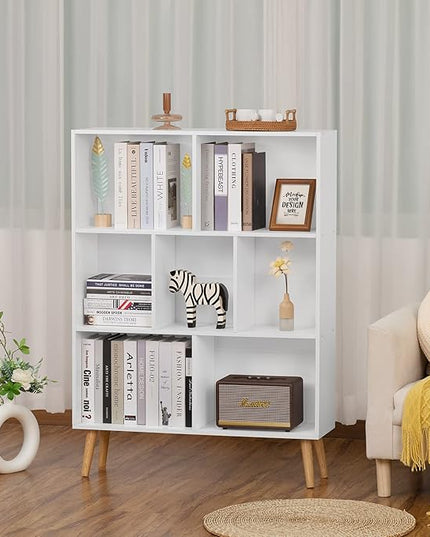 YAHARBO White Bookshelf,3 Tier Book Shelf with Legs, 7 Cube Minimalist Bookcase,Storage Organizer Shelves Display Bookcases for Bedroom,Living Room - LeafyLoom