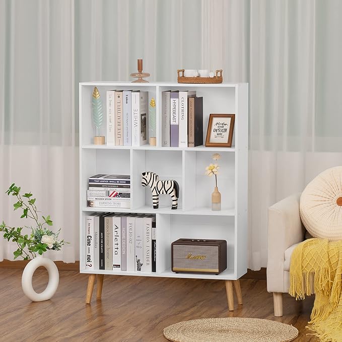 YAHARBO White Bookshelf,3 Tier Book Shelf with Legs, 7 Cube Minimalist Bookcase,Storage Organizer Shelves Display Bookcases for Bedroom,Living Room - LeafyLoom