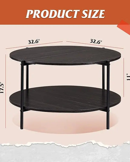 WLIVE Round Coffee Table, Rustic 2-Tier Circle Coffee Table with Open Storage Shelf, Industrial 32.6" Wood Round Center Table for Living Room, Bedroom, Home Office, Charcoal Black - LeafyLoom