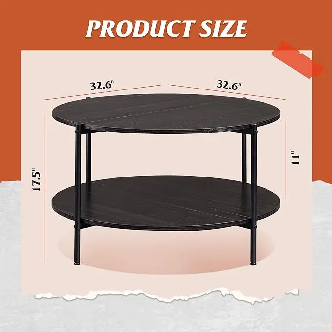 WLIVE Round Coffee Table, Rustic 2-Tier Circle Coffee Table with Open Storage Shelf, Industrial 32.6" Wood Round Center Table for Living Room, Bedroom, Home Office, Charcoal Black - LeafyLoom