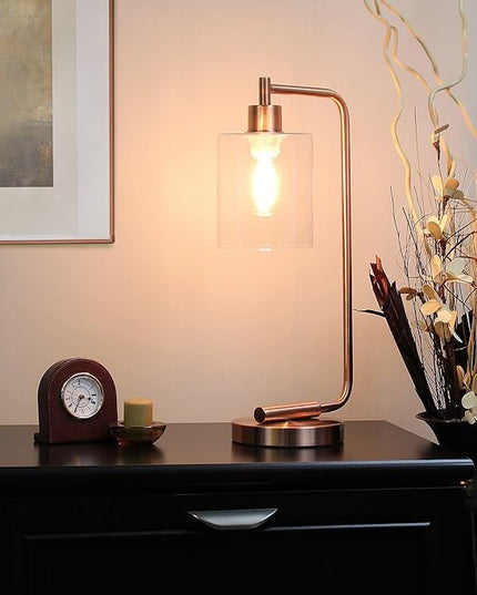Simple Designs LD1036-RGD-LB 18.8" Industrial Bronson Antique Style Iron Lantern Desk Table Lamp with Glass Shade for Home Décor, Office, Living Room, Bedroom, Rose Gold, with Feit LED Bulb Included - LeafyLoom