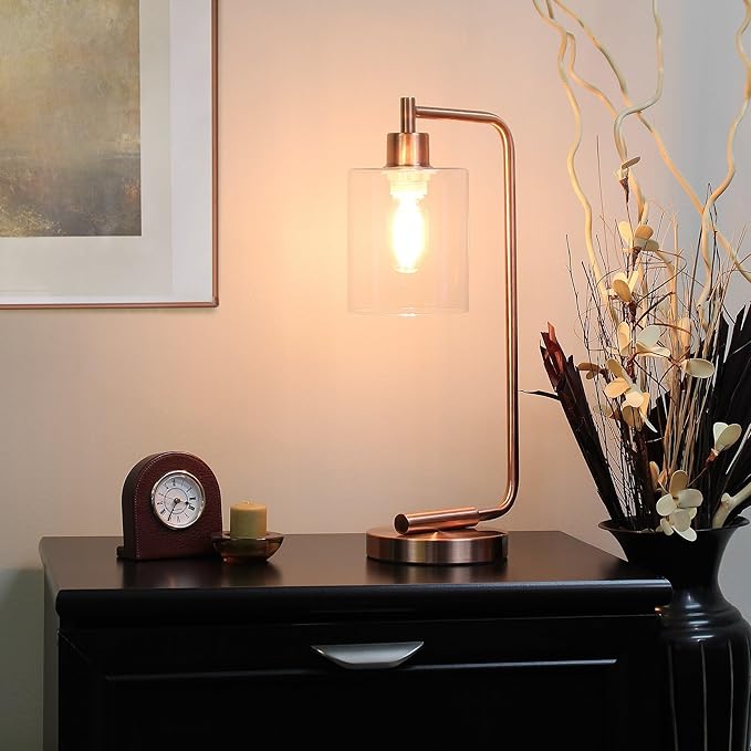 Simple Designs LD1036-RGD-LB 18.8" Industrial Bronson Antique Style Iron Lantern Desk Table Lamp with Glass Shade for Home Décor, Office, Living Room, Bedroom, Rose Gold, with Feit LED Bulb Included - LeafyLoom