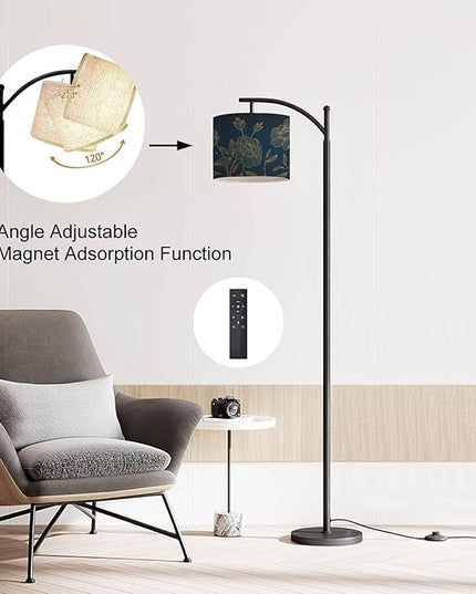Modern Arc Floor Lamp with Dimmer Mid Century art deco luxury flower roses line golden Hand drawn for packaging Metal Standing Lamp with Linen Shade Footswitch for Living Room Bedroom Office - LeafyLoom