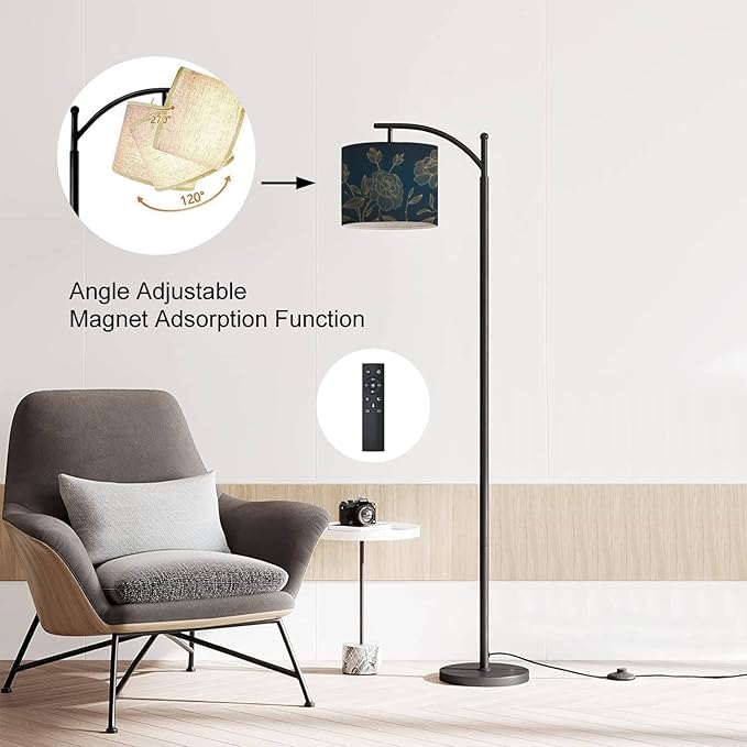 Modern Arc Floor Lamp with Dimmer Mid Century art deco luxury flower roses line golden Hand drawn for packaging Metal Standing Lamp with Linen Shade Footswitch for Living Room Bedroom Office - LeafyLoom