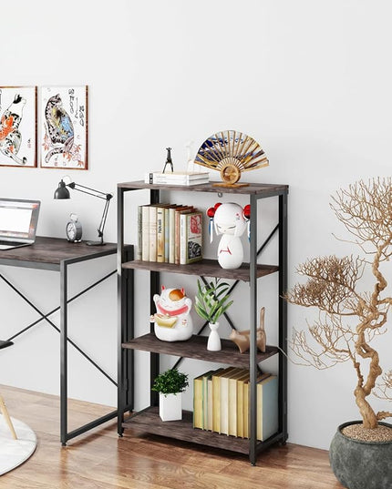 Bookshelf,4-Tier Folding Bookcase,Industrial Book Shelf,Rustic Wood Storage Shelves,Tall Bookshelf,Shelves For Bedroom,Office,Kitchen,Living Room,Study Room,No Assembly Folding Bookshelf,Black - LeafyLoom
