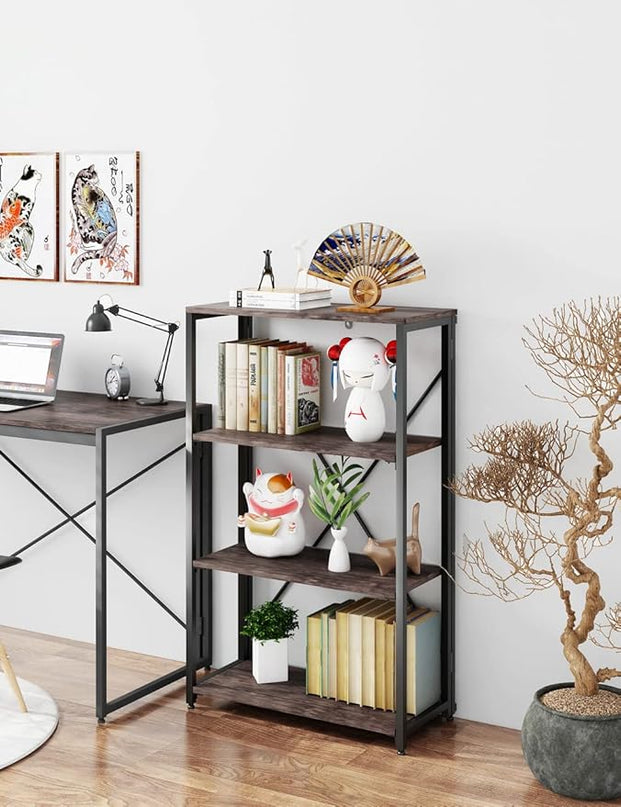 Bookshelf,4-Tier Folding Bookcase,Industrial Book Shelf,Rustic Wood Storage Shelves,Tall Bookshelf,Shelves For Bedroom,Office,Kitchen,Living Room,Study Room,No Assembly Folding Bookshelf,Black - LeafyLoom