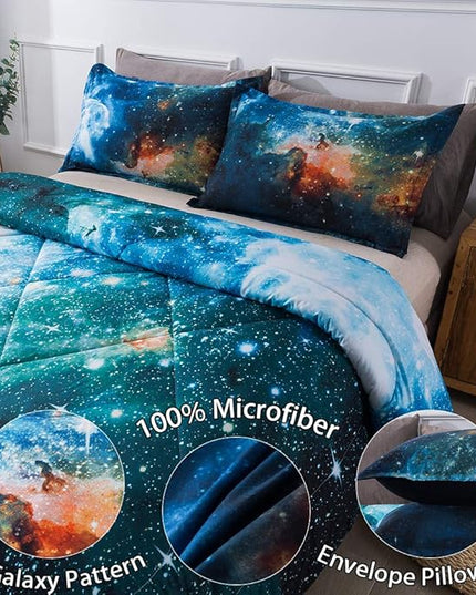 Litanika 3D Galaxy Comforter Queen(90x90lnch), 3 Pieces(1 Galaxy Comforter, 2 Pillowcases), Universe Nebula Outer Space Comforter, Microfiber Bedding Set for Boys Kids - LeafyLoom