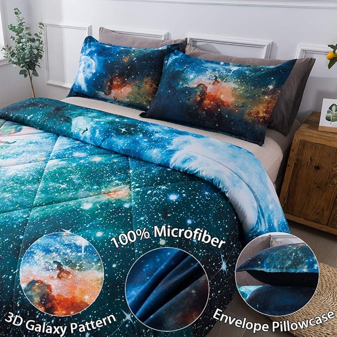 Litanika 3D Galaxy Comforter Queen(90x90lnch), 3 Pieces(1 Galaxy Comforter, 2 Pillowcases), Universe Nebula Outer Space Comforter, Microfiber Bedding Set for Boys Kids - LeafyLoom