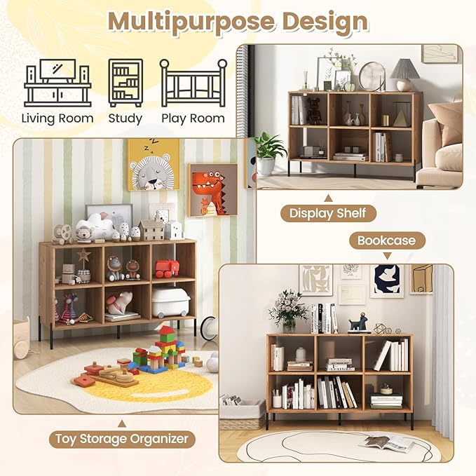 LOKO 6 Cube Bookcase, 3-Tier Floor Open Bookshelf with 5 Metal Legs, Cube Storage Organizer with Adjustable Shelves, Modern Display Shelving for Living Room, Study, Bedroom, Office (natural) - LeafyLoom