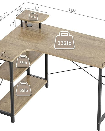 BANTI 43 Inch Corner Computer Desk with Left Storage Shelves, Small L Shaped Office Desk with Top Shelf, Study Writing Table, Mocha - LeafyLoom