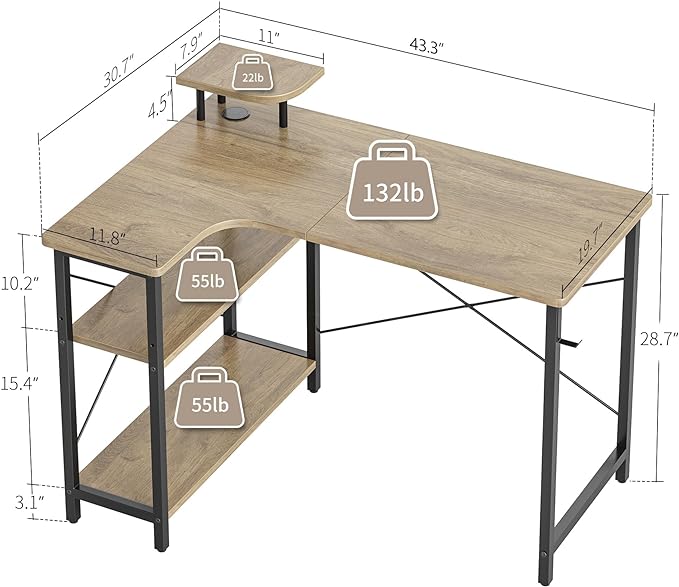 BANTI 43 Inch Corner Computer Desk with Left Storage Shelves, Small L Shaped Office Desk with Top Shelf, Study Writing Table, Mocha - LeafyLoom