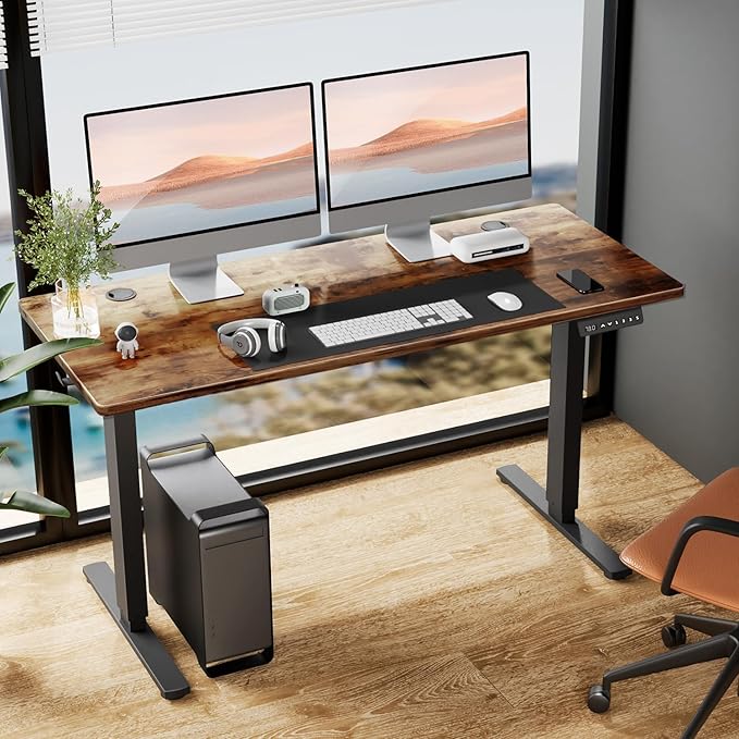 SMUG Electric Standing Desk, 63 x 24 Inch, Modern Style, Adjustable Height, 154 lbs Capacity, with Memory Presets, for Home Office, Rustic Brown - LeafyLoom