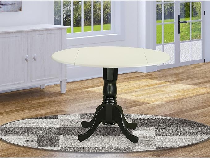 East West Furniture DLT-LBK-TP Dublin Kitchen Table - a Round Dining Table Top with Dropleaf & Pedestal Base, 42x42 Inch, Linen White & Black - LeafyLoom