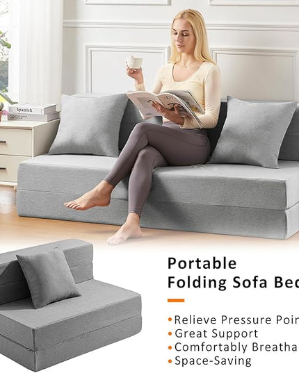 Twin Size Folding Sofa Bed - 4 in 1 Futon Couch with Pillow - High Density Memory Foam Futon Chair- Sofa cama twin with Washable Modern Linen Cover for Living Room (Light Grey) - LeafyLoom