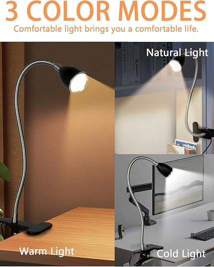 Desk lamp Eye-Caring Table Lamps, 360°Rotation Gooseneck Clip on Lamp Reading Light, Portable Reading Book Light, Clamp Light, Study Desk Lamps for Bedroom and Office Home Lighting (Black-C01) - LeafyLoom
