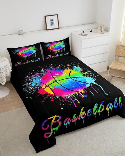 Feelyou Kids Basketball Comforter Set Queen Size Gaming Sports Bedding Set for Boys Girls Teens Bedroom Decor Ball Games Tie Dye Comforter Gift for Basketball Lover Duvet Set with 2 Pillow Case - LeafyLoom