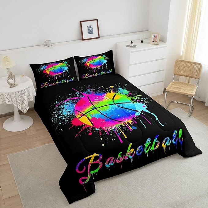 Feelyou Kids Basketball Comforter Set Queen Size Gaming Sports Bedding Set for Boys Girls Teens Bedroom Decor Ball Games Tie Dye Comforter Gift for Basketball Lover Duvet Set with 2 Pillow Case - LeafyLoom
