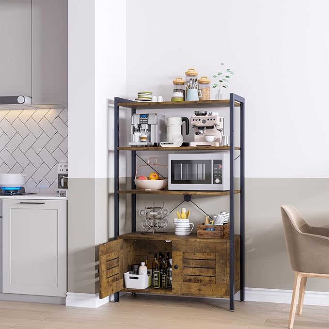 Storage Cabinet with 3 Open Shelves, 1 Cupboard Large Kitchen Industrial Display Standing Shelf, Rustic Brown Wooden and Metal FrameShelf for Living Room, Bedroom, Home Office Organizer - LeafyLoom