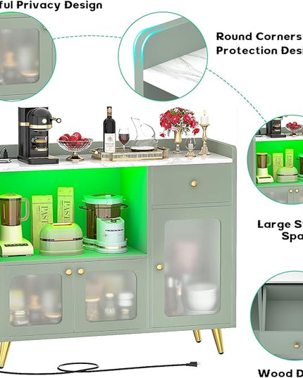 Cyclysio Sideboard Buffet Cabinet with Power Outlet, Kitchen Cabinet with LED Lights, Large Bar Cart Accent Buffet Cabinet with Door for Bedroom, Living Room, Kitchen, Hallway, Cyan - LeafyLoom