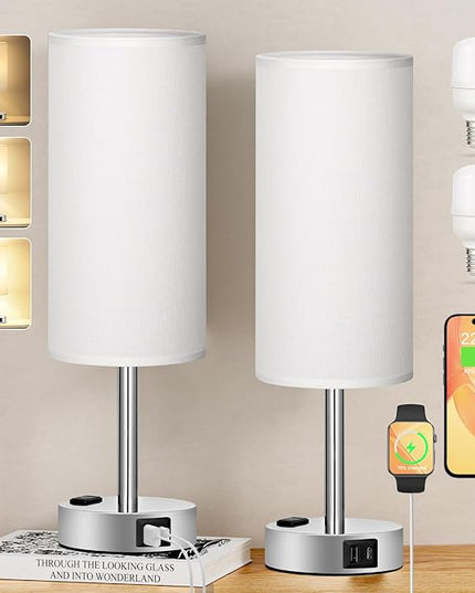 White Touch Nightstand Lamps Set - 3 Way Dimmable Bedside Table Lamps for Bedroom with USB C and A Ports, Small Lamps with AC Outlet for Girls Dorm Nursery, Silver Base - LeafyLoom