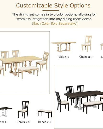 Merax 6-Piece Dining Set with 78inch Trestle Extendable Rectangular Table and 18inch Removable Leaf, Including 4 Padded Chairs & Linen Upholstered Bench for Living Room, Kitchen,Natural - LeafyLoom