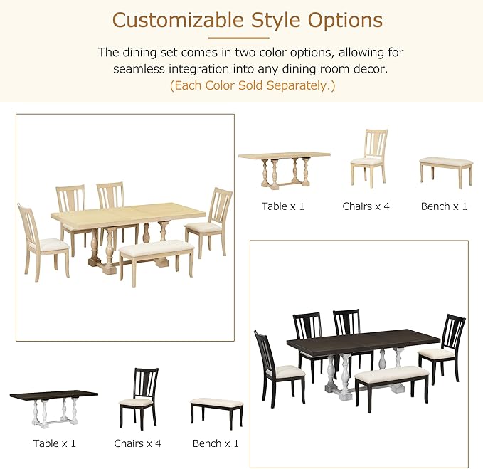 Merax 6-Piece Dining Set with 78inch Trestle Extendable Rectangular Table and 18inch Removable Leaf, Including 4 Padded Chairs & Linen Upholstered Bench for Living Room, Kitchen,Natural - LeafyLoom