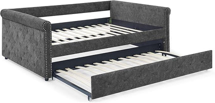 Full Size Upholstered Daybed with Twin Trundle, Solid Wooden Bed Frame w/Button Tufted and Copper Nail on Square Arms, No Spring Box Need, for Kids, Bedroom, Dorm, Grey-4 - LeafyLoom