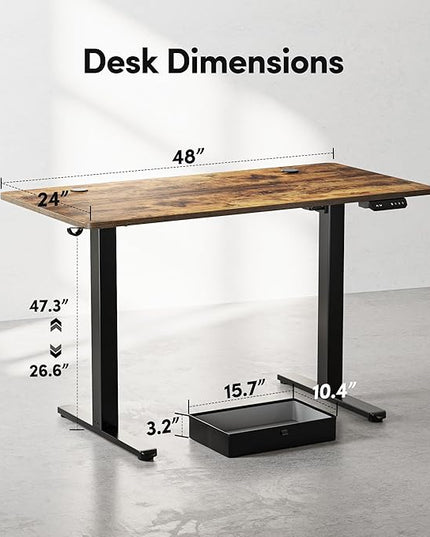 BANTI Electric Standing Desk with Drawer, Adjustable Height Sit Stand Up Desk, Home Office Desk Computer Workstation, 48x24 Inches, Vintage Brown - LeafyLoom