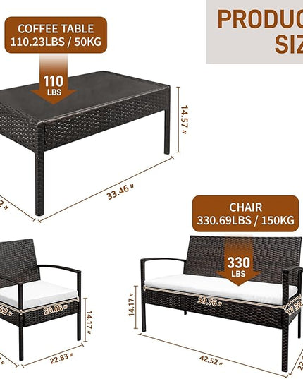 Outvita 4 Pieces Patio Furniture Set, Rattan Conversation Sets with Loveseat Soft Cushion and Glass Table for Garden Backyard Balcony Porch Poolside(Black) - LeafyLoom
