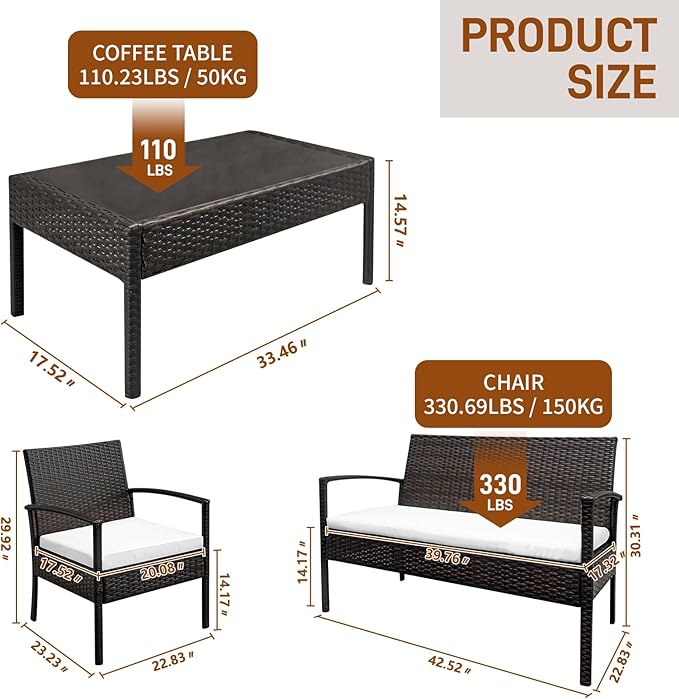 Outvita 4 Pieces Patio Furniture Set, Rattan Conversation Sets with Loveseat Soft Cushion and Glass Table for Garden Backyard Balcony Porch Poolside(Black) - LeafyLoom