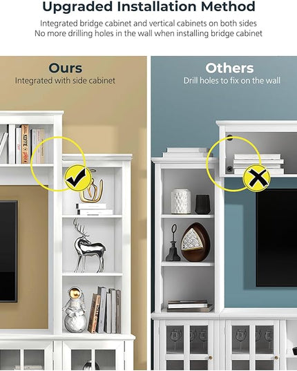 Large Wall Unit Entertainment Center with Storage, Modern TV Entertainment Center with Bookshelves and Bridge Cabinet, Living Room Tall Bookshelf with Storage, 65.7" Wide for TV Placement, White - LeafyLoom