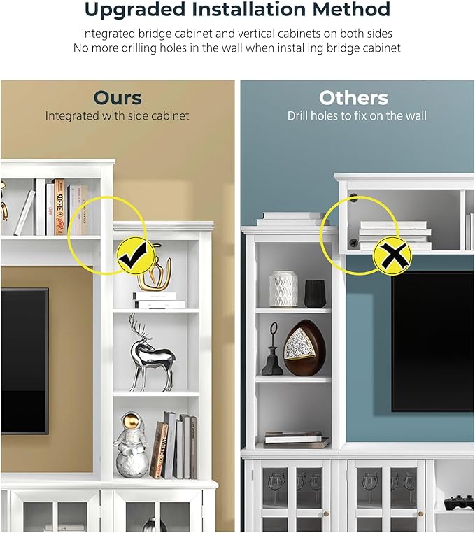 Large Wall Unit Entertainment Center with Storage, Modern TV Entertainment Center with Bookshelves and Bridge Cabinet, Living Room Tall Bookshelf with Storage, 65.7" Wide for TV Placement, White - LeafyLoom