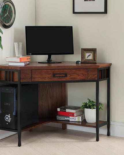 Leick Home 11230 Ironcraft Corner Writing/Computer Rustic Desk with Drawer and Shelf, Mission Oak and Black - LeafyLoom