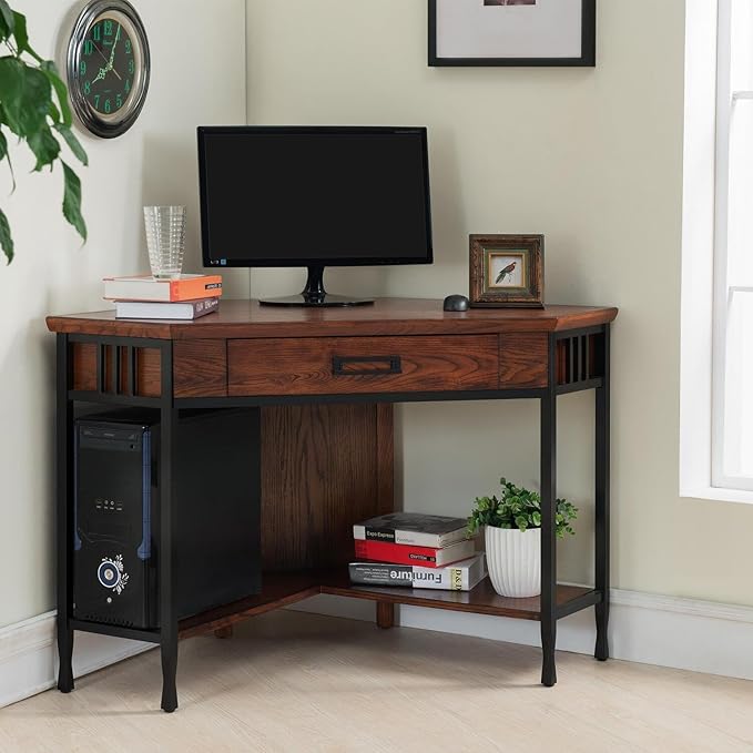 Leick Home 11230 Ironcraft Corner Writing/Computer Rustic Desk with Drawer and Shelf, Mission Oak and Black - LeafyLoom