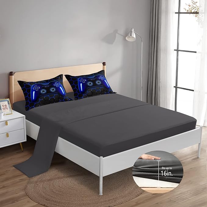 6 Pieces Bed in A Bag Gamer Bedding Set for Boys Kids Adult Gaming Comforters Set,Boys Bed in A Bag Set Full Size Comforter with Fitted Shee Flat Sheet Pillowcase pillowsham,DJTH5025Full - LeafyLoom