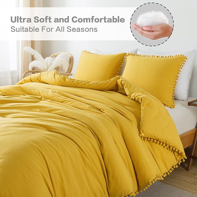 Litanika King Size Comforter Set Mustard Yellow,3 Pieces Mustard Yellow Boho Pom Pom Lightweight Bed Comforter, All Season Soft Bedding Comforter Sets (1 Comforter 104x90 Inch, 2 Pillowcases) - LeafyLoom