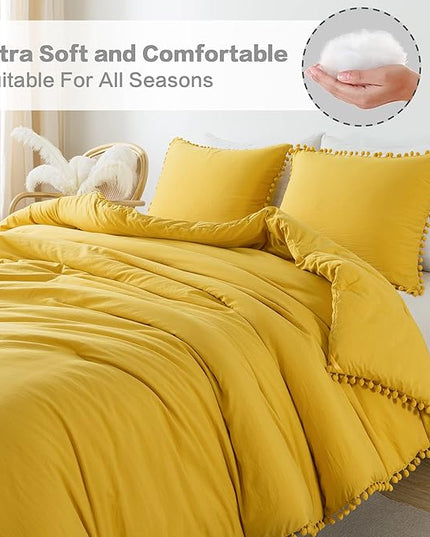 Litanika Comforter Full Size Set Mustard Yellow,3 Pieces Mustard Yellow Boho Pom Pom Lightweight Bed Comforter Full,All Season Soft Bedding Comforter Sets (1 Comforter 79x90 Inch, 2 Pillowcases) - LeafyLoom