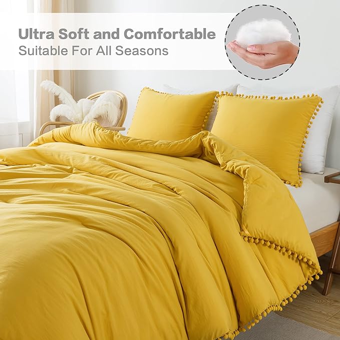 Litanika Comforter Full Size Set Mustard Yellow,3 Pieces Mustard Yellow Boho Pom Pom Lightweight Bed Comforter Full,All Season Soft Bedding Comforter Sets (1 Comforter 79x90 Inch, 2 Pillowcases) - LeafyLoom