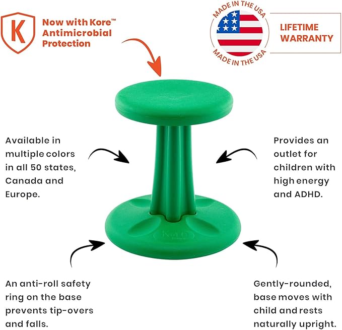 Kore Kids Junior Wobble Chair - Flexible Seating Stool for Classroom, Elementary School, ADD/ADHD - Made in The USA - Junior- Age 8-9, Grade 3-4, Green (16in) - LeafyLoom