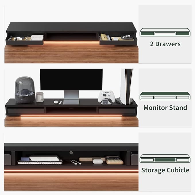 FEZIBO 48 x 24 Inch Height Adjustable Electric Standing Desk with Double Drawers, Stand Up Desk with LED Strips, Sit Stand Desk with Monitor Stand, Blcak Walnut - LeafyLoom