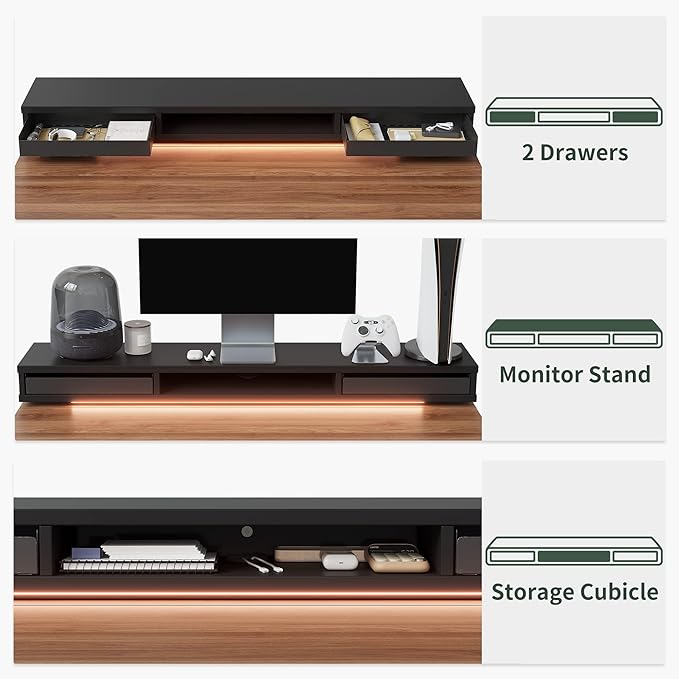 FEZIBO 55 x 24 Inch Height Adjustable Electric Standing Desk with Double Drawers, Stand Up Desk with LED Strips, Sit Stand Desk with Monitor Stand, Blcak Walnut - LeafyLoom