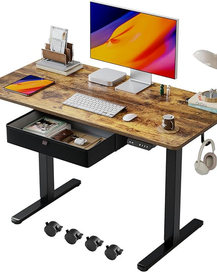 BANTI Electric Standing Desk with Drawer, Adjustable Height Sit Stand Up Desk, Home Office Desk Computer Workstation, 48x24 Inches, Vintage Brown - LeafyLoom