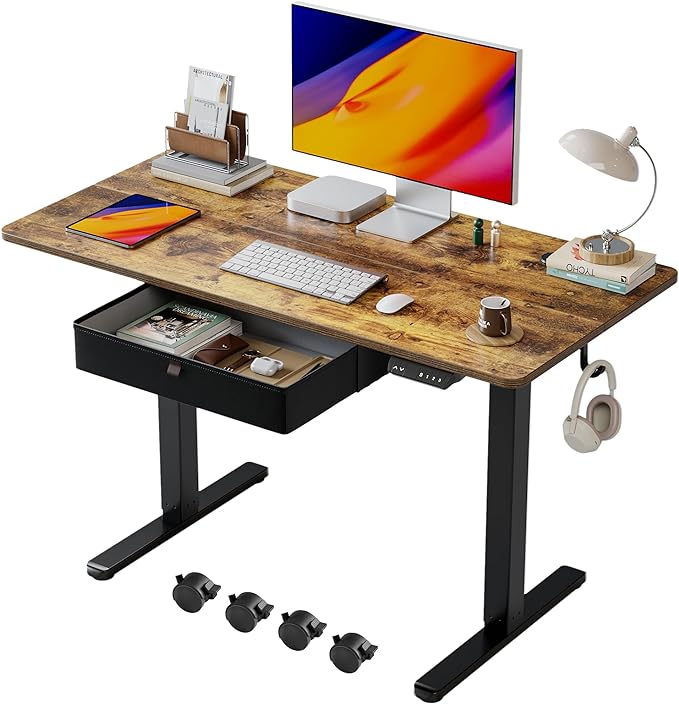 BANTI Electric Standing Desk with Drawer, Adjustable Height Sit Stand Up Desk, Home Office Desk Computer Workstation, 48x24 Inches, Vintage Brown - LeafyLoom