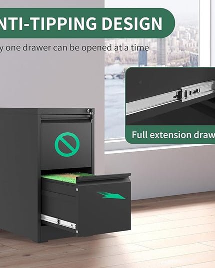 2 Drawer File Cabinet with Lock, Metal Vertical Filing Cabinets for Home Office, Steel Storage Cabinet for Hanging Legal/Letter Size Files, Assembly Required (Black) - LeafyLoom