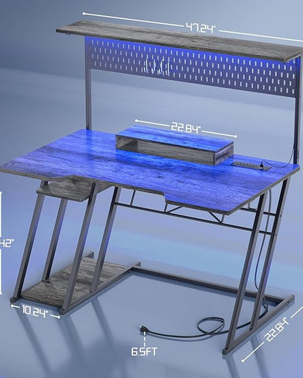 armocity Gaming Computer Desk with Storage Shelves & Z-Shaped Legs, Gaming Desk with Hutch and LED Lights, Reversible PC Gaming Desk with Pegboard for Bedroom & Small Spaces, 47'', Grey Oak - LeafyLoom
