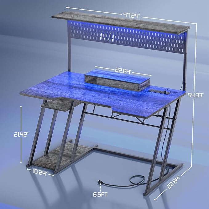armocity Gaming Computer Desk with Storage Shelves & Z-Shaped Legs, Gaming Desk with Hutch and LED Lights, Reversible PC Gaming Desk with Pegboard for Bedroom & Small Spaces, 47'', Grey Oak - LeafyLoom