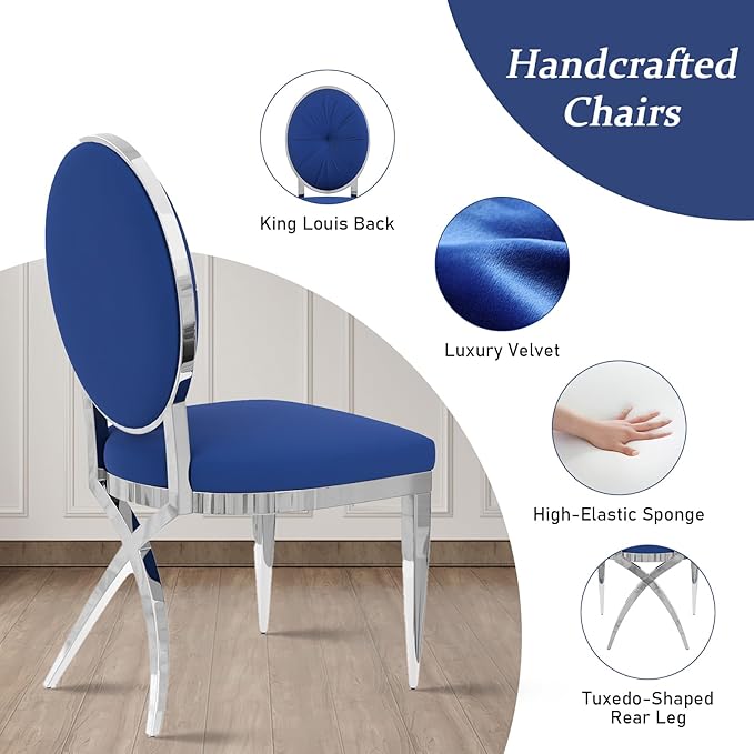 ACEDÉCOR Blue and Silver Dining Chairs, Classic King Louis Upholstered Dining Room Chair with Silver X Shaped Legs, Modern Armless Chair Set of 8 - LeafyLoom