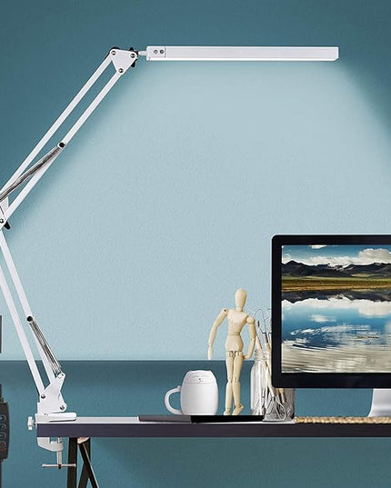 LED Desk Lamps for Home Office, 3 Color Modes Architect Swing Arm Lamp Desk Light with Clamp, Dimmable Eye-Care Table Light, Memory Function, Task, Study, Reading, Work, Craft, Sewing, Drafting, 10W - LeafyLoom