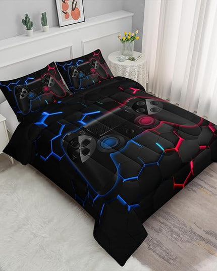 Axolotl Gamer Comforter Sets Queen,Geometric Honeycomb Gaming Bedding Sets,Video Games Comforter,Gaming Bedding Set,Game Console Comforter Set for Kids Boys Girls Teens,1 Quilt 2 Pillowcases,Blue Red - LeafyLoom