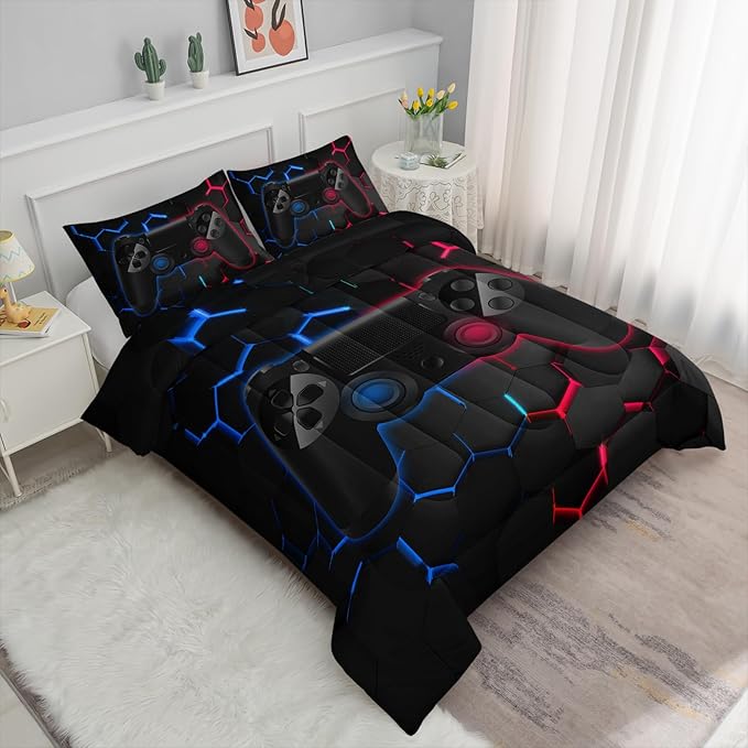 Axolotl Gamer Comforter Sets Full,Geometric Honeycomb Gaming Bedding Sets,Video Games Comforter,Gaming Bedding Set,Game Console Comforter Set for Kids Boys Girls Teens,1 Quilt 2 Pillowcases,Blue Red - LeafyLoom